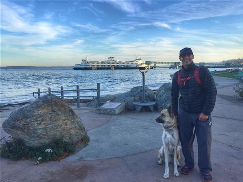 Mr. V. and dog Mr. V. walking his dog, Baylor in downtown Edmonds