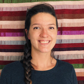 A portrait of Ms. Stay with a colorful background