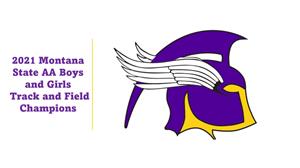 Purple and Gold Spartan head with white wings for the 2021 Montana AA Boys and Girls Track and Field Championship