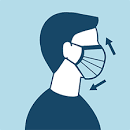 Infographic of a man wearing a face make with directional arrows indicating the proper placement of the mask 
