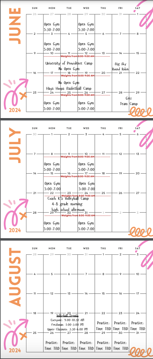 Hellgate Volleyball Summer 2024 Calendar